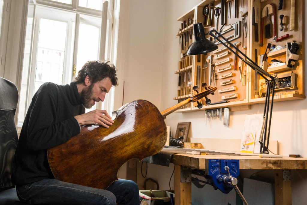 Matthieu Legros violin maker workshop in Brno restoration of a cello from Goffriller